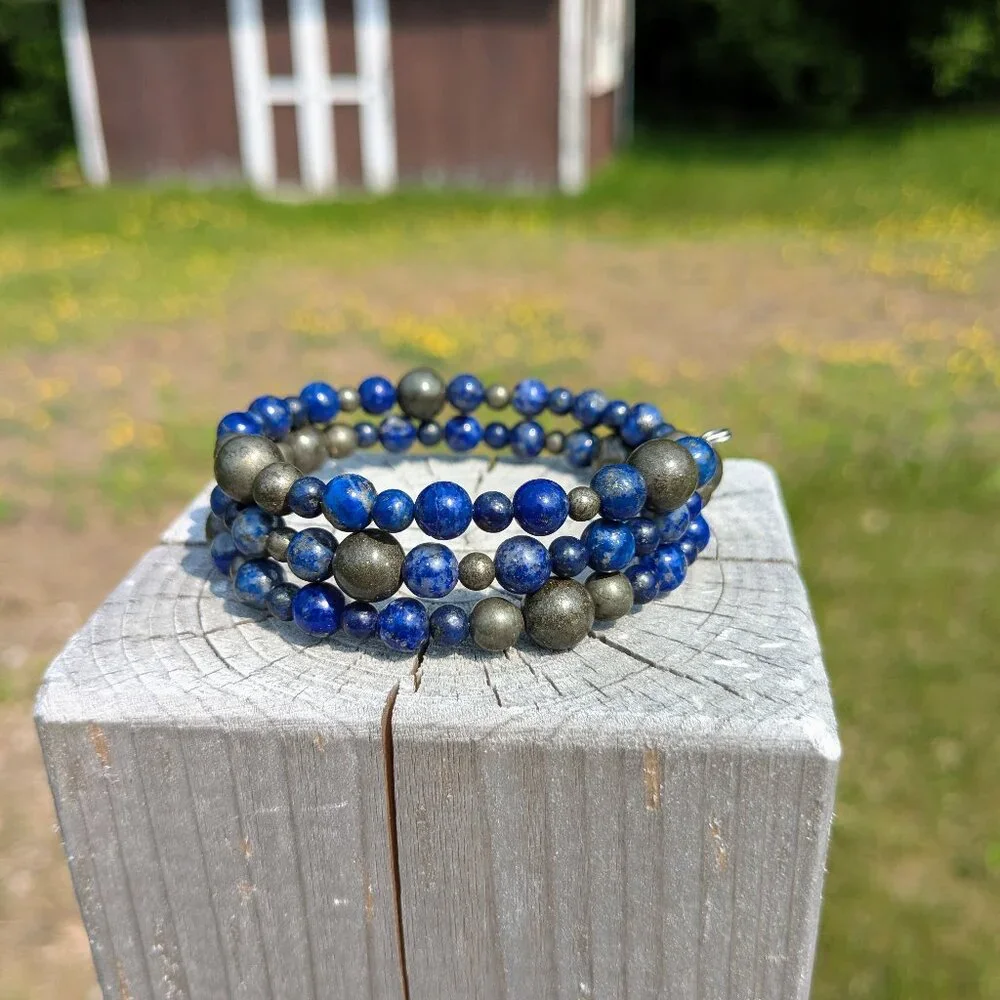 Natural Lapis Lazuli and Pyrite Memory Wire Layer Bracelet - Picture 11 of 14